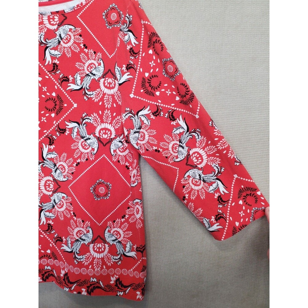 Talbots Cotton/Spandex Red Peacock Bandana Print Bateau Neck T-Shirt Size XL - Picture 2 of 5